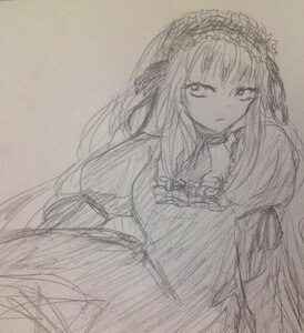 Rating: Safe Score: 0 Tags: 1girl choker dress hairband image lolita_hairband long_hair long_sleeves looking_at_viewer monochrome simple_background sketch solo suigintou traditional_media User: admin