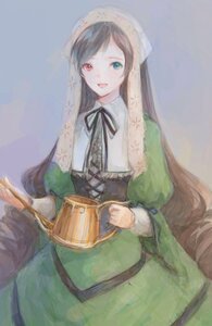 Rating: Safe Score: 0 Tags: 1girl bangs brown_hair dress green_dress heterochromia holding image long_hair long_sleeves open_mouth red_eyes ribbon smile solo suiseiseki very_long_hair watering_can User: admin