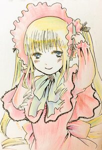 Rating: Safe Score: 0 Tags: 1girl blonde_hair blue_eyes blush bonnet bow dress flower frills image long_hair long_sleeves looking_at_viewer pink_bow rose shinku sidelocks simple_background smile solo traditional_media twintails upper_body very_long_hair white_background User: admin