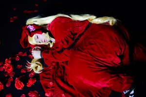 Rating: Safe Score: 0 Tags: 1girl blonde_hair closed_eyes dress flower long_hair long_sleeves red_dress rose shinku sleeping solo twintails User: admin