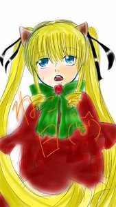 Rating: Safe Score: 0 Tags: 1girl animal_ears blonde_hair blue_eyes blush cat_ears hair_ribbon image long_hair looking_at_viewer open_mouth rose shinku solo twintails upper_body User: admin