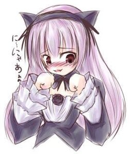 Rating: Safe Score: 0 Tags: 1girl animal_ears bare_shoulders blush cat_ears detached_collar fake_animal_ears image long_hair purple_hair red_eyes simple_background solo suigintou upper_body white_background User: admin