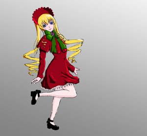 Rating: Safe Score: 0 Tags: 1girl black_footwear blonde_hair blue_eyes bonnet bow bowtie capelet dress drill_hair full_body green_bow grey_background image long_hair long_sleeves looking_at_viewer pantyhose red_dress shinku shoes simple_background solo standing User: admin