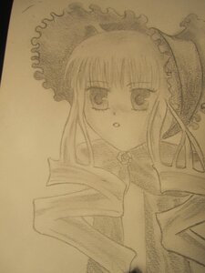 Rating: Safe Score: 0 Tags: 1girl :o bonnet dress image long_hair looking_at_viewer monochrome shinku simple_background solo upper_body white_background User: admin