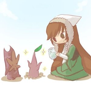 Rating: Safe Score: 0 Tags: 1girl brown_hair dress green_dress green_eyes heterochromia image long_hair long_sleeves sitting solo sparkle suiseiseki very_long_hair watering_can User: admin