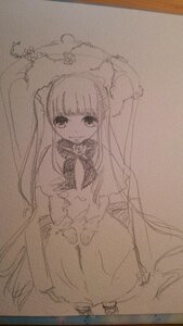 Rating: Safe Score: 0 Tags: 1girl bangs dress frills image long_hair long_sleeves looking_at_viewer monochrome shinku simple_background sketch smile solo traditional_media very_long_hair User: admin