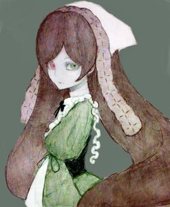 Rating: Safe Score: 0 Tags: 1girl bangs brown_hair dress drill_hair frills green_dress green_eyes grey_background heterochromia image japanese_clothes kimono long_hair long_sleeves looking_at_viewer red_eyes simple_background solo suiseiseki swept_bangs User: admin