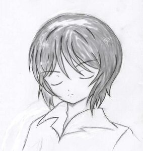 Rating: Safe Score: 0 Tags: 1girl bangs closed_eyes closed_mouth collarbone eyebrows_visible_through_hair greyscale image monochrome short_hair simple_background sketch solo souseiseki striped traditional_media upper_body User: admin