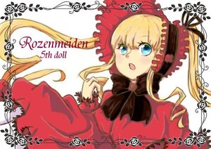 Rating: Safe Score: 0 Tags: 1girl blonde_hair blue_eyes bonnet bow bowtie dress image long_hair long_sleeves looking_at_viewer open_mouth red_dress shinku simple_background solo twintails white_background User: admin