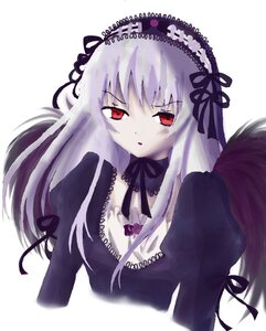 Rating: Safe Score: 0 Tags: 1girl black_ribbon black_wings detached_collar dress flower frills hairband image juliet_sleeves long_hair long_sleeves looking_at_viewer puffy_sleeves red_eyes ribbon silver_hair simple_background solo suigintou upper_body white_background wings User: admin