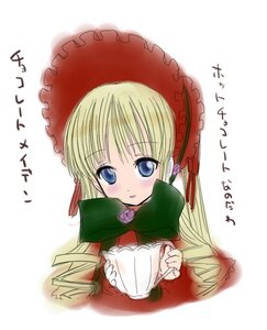 Rating: Safe Score: 0 Tags: 1girl blonde_hair blue_eyes bonnet bow dress flower image long_hair long_sleeves looking_at_viewer red_dress rose shinku simple_background solo upper_body white_background User: admin