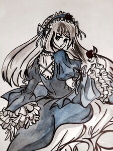 Rating: Safe Score: 0 Tags: 1girl dress flower frilled_sleeves frills gothic_lolita hairband image lolita_fashion lolita_hairband long_hair long_sleeves looking_at_viewer looking_back monochrome ribbon rose solo suigintou traditional_media User: admin