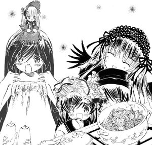 Rating: Safe Score: 0 Tags: 2girls blush bonnet eating food greyscale hairband image lolita_hairband long_hair monochrome multiple multiple_girls open_mouth shinku smile suigintou suiseiseki tagme wings User: admin