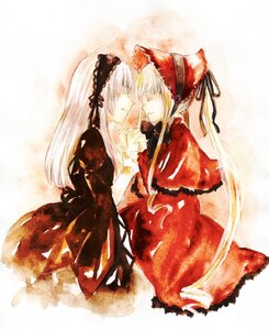 Rating: Safe Score: 0 Tags: 2girls closed_eyes dress hairband image long_hair long_sleeves multiple_girls pair red_dress shinku silver_hair smile suigintou User: admin