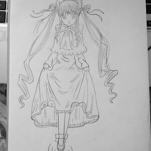 Rating: Safe Score: 0 Tags: 1girl capelet dress drill_hair full_body greyscale image long_hair long_sleeves looking_at_viewer monochrome photo shinku shoes skirt_hold solo standing traditional_media very_long_hair User: admin