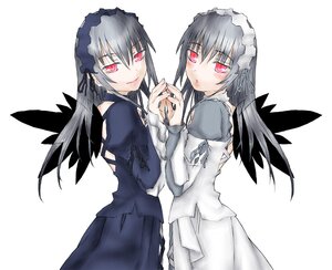 Rating: Safe Score: 0 Tags: 2girls black_wings dress hairband image long_hair long_sleeves looking_at_viewer looking_back multiple_girls pink_eyes silver_hair solo suigintou wings User: admin