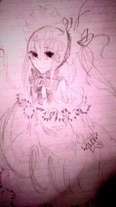 Rating: Safe Score: 0 Tags: 1girl dress image long_hair looking_at_viewer monochrome pink_theme ribbon shinku sketch solo twintails User: admin