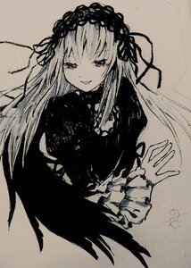 Rating: Safe Score: 0 Tags: 1girl bangs closed_mouth dress eyebrows_visible_through_hair frilled_sleeves frills hairband image long_hair long_sleeves looking_at_viewer monochrome parted_lips smile solo suigintou traditional_media very_long_hair wide_sleeves wings User: admin