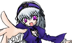 Rating: Safe Score: 0 Tags: 1girl :d detached_collar dress flower frills hairband image lolita_hairband long_hair long_sleeves looking_at_viewer open_mouth outstretched_arm silver_hair simple_background solo suigintou upper_body white_background wings User: admin