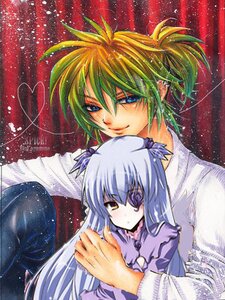 Rating: Safe Score: 0 Tags: 1boy 1girl barasuishou blue_eyes green_hair hug image long_hair looking_at_viewer marker_(medium) silver_hair sky smile solo space star_(sky) starry_sky traditional_media wings User: admin