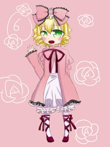 Rating: Safe Score: 0 Tags: 1girl blonde_hair bloomers blush bow dress flower frills green_eyes hair_bow hina_ichigo hinaichigo image long_sleeves open_mouth pink_background pink_bow pink_dress ribbon short_hair solo squiggle standing User: admin