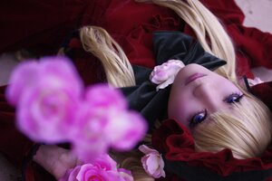 Rating: Safe Score: 0 Tags: 1girl bangs blonde_hair blue_eyes blurry blurry_foreground bow bowtie depth_of_field flower lips long_hair long_sleeves looking_at_viewer makeup realistic red_dress rose shinku solo User: admin