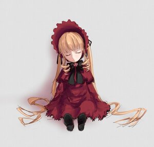 Rating: Safe Score: 0 Tags: 1girl black_footwear blonde_hair bonnet bow bowtie closed_eyes dress full_body image long_hair long_sleeves red_dress rose shinku sitting sleeping solo twintails very_long_hair User: admin