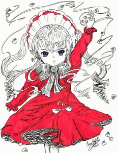 Rating: Safe Score: 0 Tags: 1girl blue_eyes dress drill_hair flower image long_hair long_sleeves looking_at_viewer red_dress rose shinku signature solo traditional_media twintails User: admin