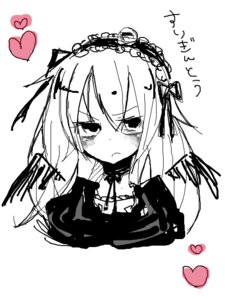 Rating: Safe Score: 0 Tags: 1girl blush closed_mouth dress frilled_hairband greyscale hairband heart image lolita_hairband long_hair long_sleeves looking_at_viewer monochrome ribbon simple_background solo spoken_heart striped suigintou upper_body white_background User: admin