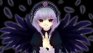 Rating: Safe Score: 0 Tags: 1girl black_background black_ribbon black_wings detached_collar dress feathers frilled_sleeves frills hairband image long_sleeves looking_at_viewer silver_hair solo suigintou upper_body wings User: admin