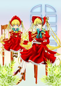 Rating: Safe Score: 0 Tags: 2girls blonde_hair blue_eyes bonnet bow cup dress frills image long_hair looking_at_viewer multiple_girls pantyhose red_dress red_eyes shinku shoes solo teacup twintails very_long_hair white_legwear User: admin