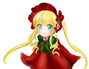 Rating: Safe Score: 0 Tags: 1girl bangs blonde_hair blue_eyes blush bonnet bow bowtie capelet dress flower green_bow green_neckwear image long_hair long_sleeves looking_at_viewer pink_flower pink_rose red_dress rose shinku sidelocks simple_background solo twintails upper_body white_background User: admin