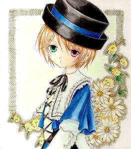 Rating: Safe Score: 0 Tags: 1girl blonde_hair blue_dress dress flower frills green_eyes hat heterochromia image long_sleeves looking_at_viewer red_eyes ribbon short_hair solo souseiseki traditional_media upper_body User: admin