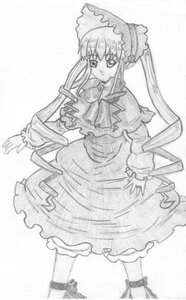 Rating: Safe Score: 0 Tags: 1girl bonnet bow bowtie dress drill_hair frills full_body greyscale hat image long_hair long_sleeves looking_at_viewer monochrome shinku simple_background solo standing twintails very_long_hair white_background User: admin