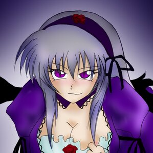 Rating: Safe Score: 0 Tags: 1girl black_wings breasts cleavage dress flower hairband image long_hair looking_at_viewer purple_eyes rose silver_hair smile solo suigintou wings User: admin