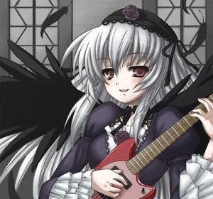 Rating: Safe Score: 0 Tags: 1girl black_wings dress electric_guitar feathers flower frills gothic_lolita guitar hairband image instrument lolita_fashion lolita_hairband long_hair long_sleeves looking_at_viewer music piano playing_instrument plectrum rose silver_hair solo suigintou violin wings User: admin