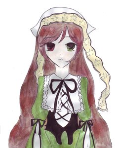 Rating: Safe Score: 0 Tags: 1girl bangs black_ribbon brown_hair dress frills green_dress green_eyes heterochromia image long_hair long_sleeves looking_at_viewer red_eyes ribbon simple_background solo striped suiseiseki upper_body white_background User: admin