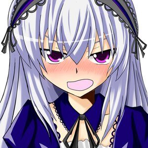 Rating: Safe Score: 0 Tags: 1girl blush dress full-face_blush hairband image lolita_hairband long_hair looking_at_viewer nose_blush open_mouth ribbon silver_hair simple_background solo suigintou white_background User: admin