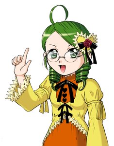Rating: Safe Score: 0 Tags: 1girl ahoge drill_hair glasses green_eyes green_hair hair_ornament image kanaria long_sleeves open_mouth simple_background smile solo twin_drills upper_body white_background User: admin