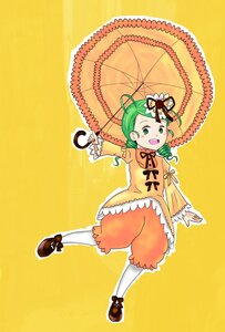 Rating: Safe Score: 0 Tags: 1girl drill_hair full_body green_eyes green_hair holding_umbrella image kanaria long_sleeves open_mouth pantyhose parasol shoes short_hair smile solo umbrella white_legwear yellow_background User: admin