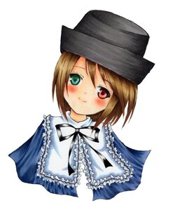 Rating: Safe Score: 0 Tags: 1girl black_headwear blush brown_hair capelet frills green_eyes hat heterochromia image looking_at_viewer red_eyes ribbon short_hair simple_background smile solo souseiseki striped top_hat upper_body white_background User: admin