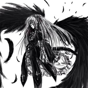 Rating: Safe Score: 0 Tags: 1girl angel angel_wings bird bird_wings black_feathers black_wings dress feathered_wings feathers greyscale image long_hair long_sleeves looking_at_viewer monochrome solo suigintou wings User: admin