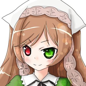 Rating: Safe Score: 0 Tags: 1girl bangs blush brown_hair closed_mouth dress eyebrows_visible_through_hair green_dress green_eyes image long_hair looking_at_viewer red_eyes simple_background smile solo suiseiseki white_background User: admin