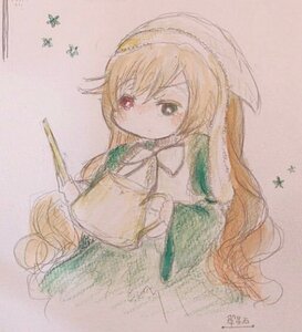 Rating: Safe Score: 0 Tags: 1girl bangs blonde_hair brown_hair dress eyebrows_visible_through_hair flower green_dress head_scarf holding image long_hair long_sleeves simple_background solo suiseiseki very_long_hair User: admin