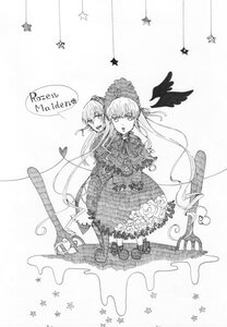 Rating: Safe Score: 0 Tags: 2girls cross dress flower greyscale heart image long_hair monochrome multiple_girls pair shinku star_(symbol) striped striped_legwear suigintou wings User: admin