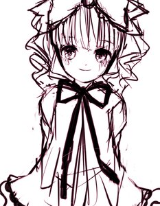 Rating: Safe Score: 0 Tags: 1girl blush dress drill_hair hair_ribbon hinaichigo image monochrome ribbon simple_background sketch smile solo tears twin_drills twintails white_background User: admin