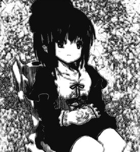 Rating: Safe Score: 0 Tags: 1girl bangs dress expressionless greyscale image long_hair long_sleeves monochrome outdoors solo souseiseki tree User: admin