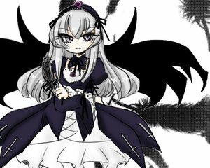 Rating: Safe Score: 0 Tags: 1girl black_wings dress flower frills hairband long_hair long_sleeves looking_at_viewer pink_eyes purple_eyes rose silver_hair solo suigintou wings User: Anonymous