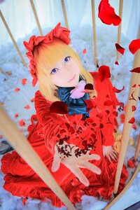 Rating: Safe Score: 0 Tags: 1girl blonde_hair blue_eyes blurry depth_of_field dress flower lips looking_at_viewer petals red_dress red_flower rose rose_petals shinku solo User: admin