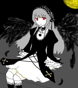 Rating: Safe Score: 0 Tags: 1girl black_wings detached_collar dress feathered_wings flower frills full_moon hairband image long_hair long_sleeves looking_at_viewer moon red_eyes rose smile solo suigintou wings User: admin